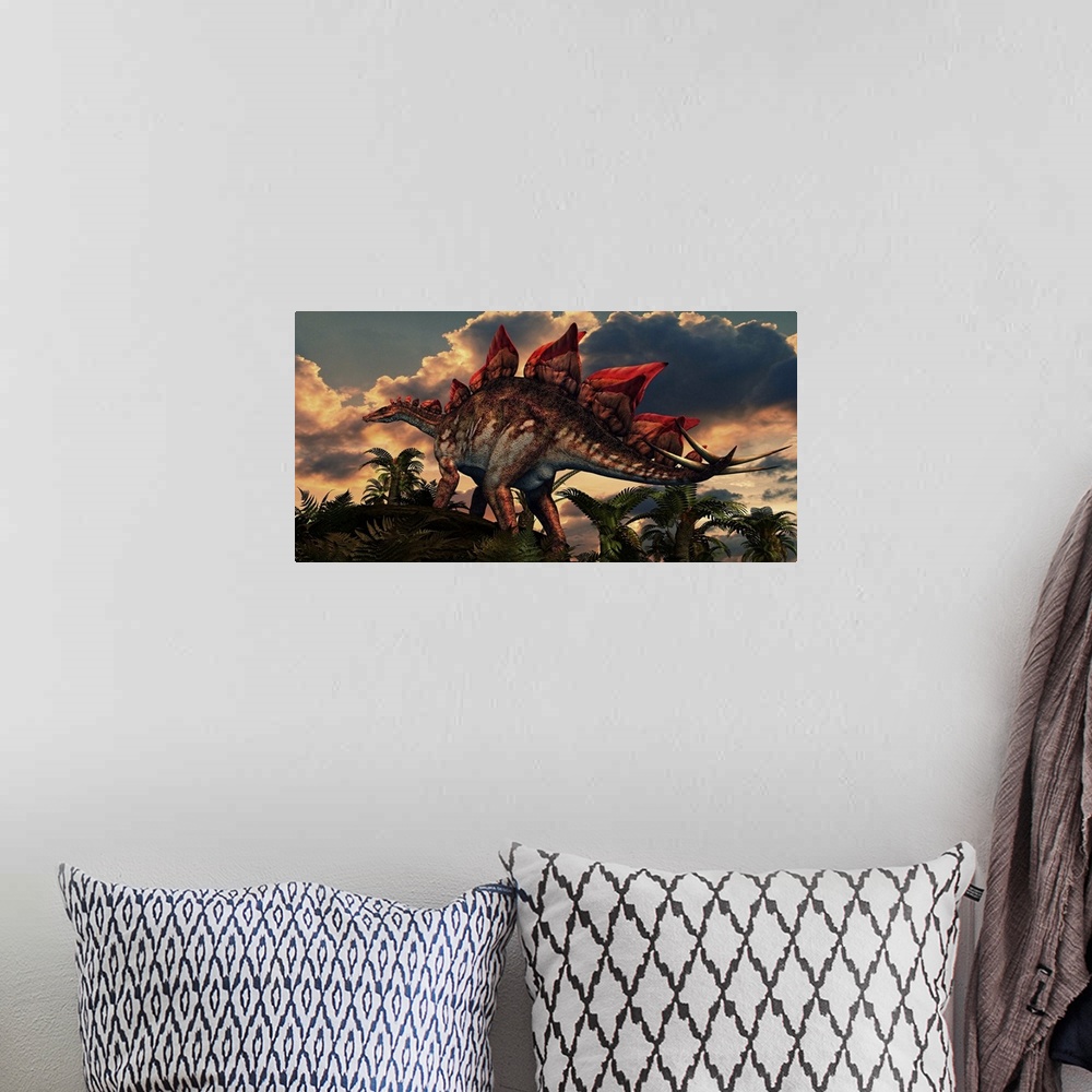 A bohemian room featuring The distinctive shape of Stegosaurus stands out against the sunset. Stegosaurus lived during the ...