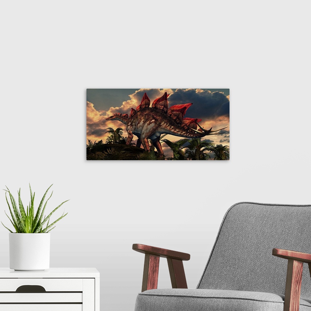 A modern room featuring The distinctive shape of Stegosaurus stands out against the sunset. Stegosaurus lived during the ...