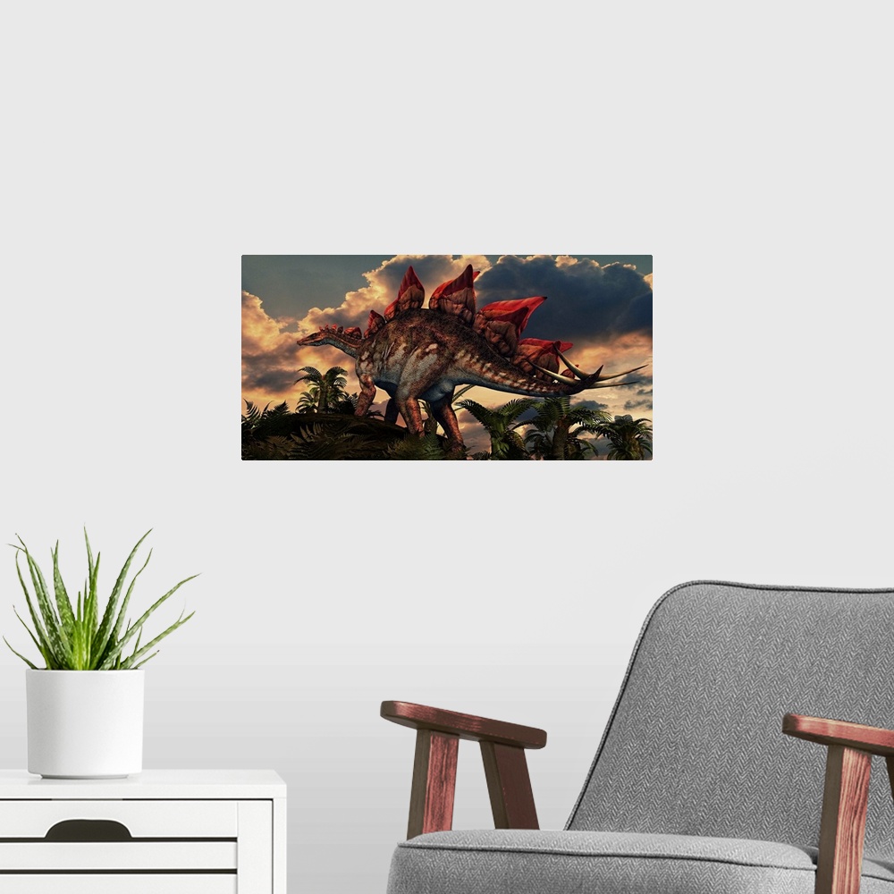 A modern room featuring The distinctive shape of Stegosaurus stands out against the sunset. Stegosaurus lived during the ...