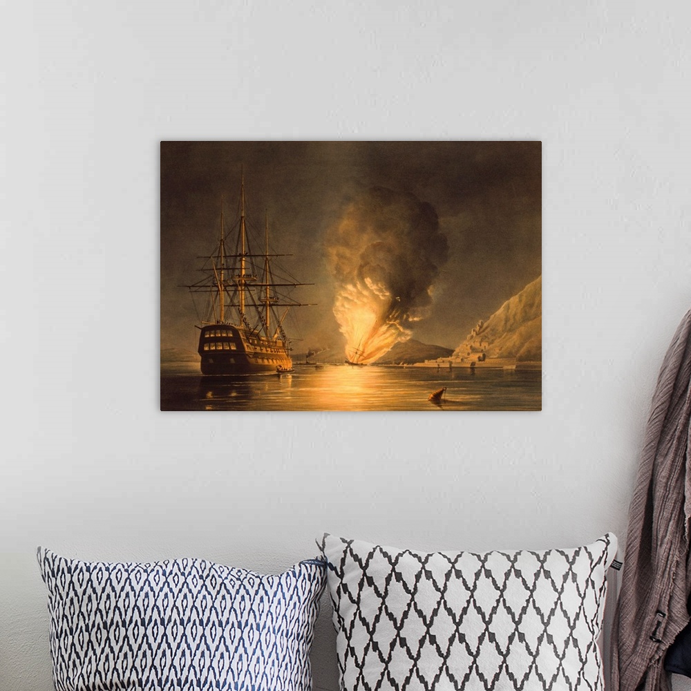 A bohemian room featuring Vintage naval history print featuring the explosion of the United States Steam Frigate Missouri, ...