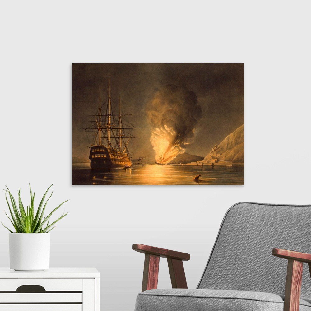 A modern room featuring Vintage naval history print featuring the explosion of the United States Steam Frigate Missouri, ...