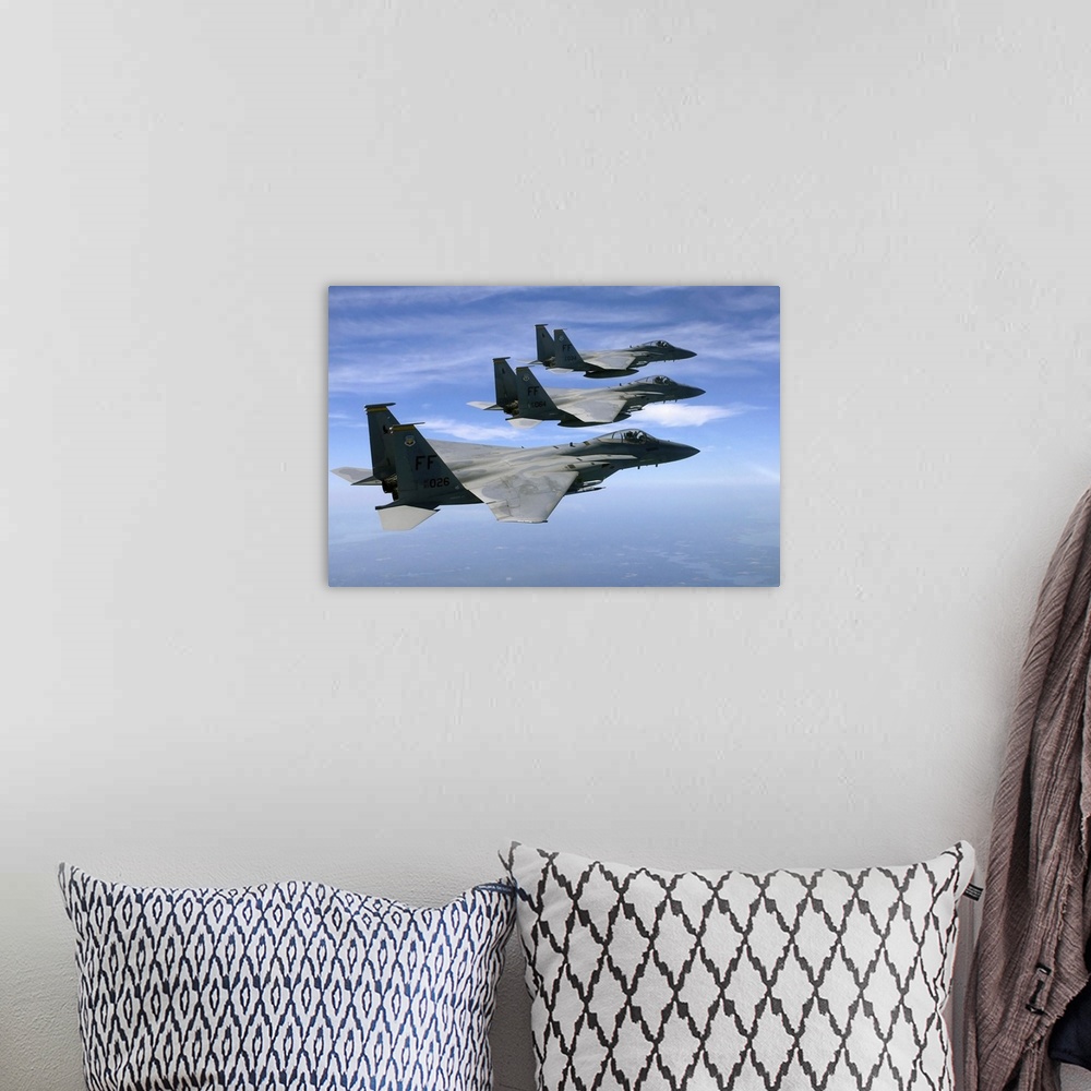 A bohemian room featuring The F-15 Eagle's final training mission over the the Atlantic Ocean.