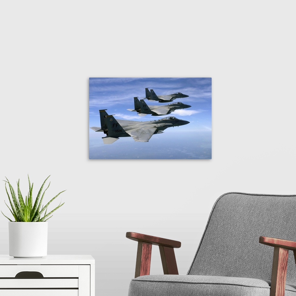A modern room featuring The F-15 Eagle's final training mission over the the Atlantic Ocean.
