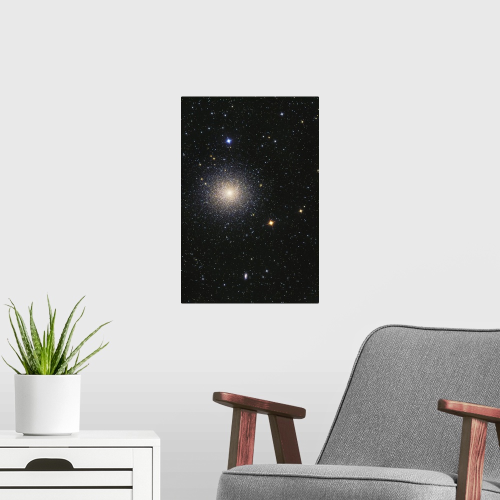 A modern room featuring The Great Globular Cluster in Hercules.