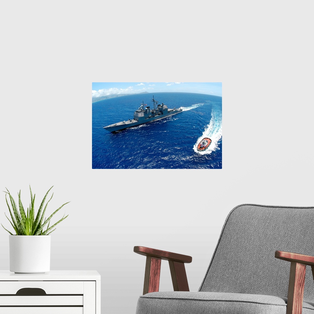 A modern room featuring The guidedmissile cruiser USS Vincennes
