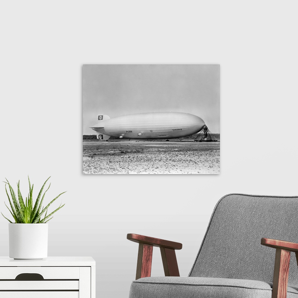 A modern room featuring The Hindenburg airship at Lakehurst, New Jersey, 1936.