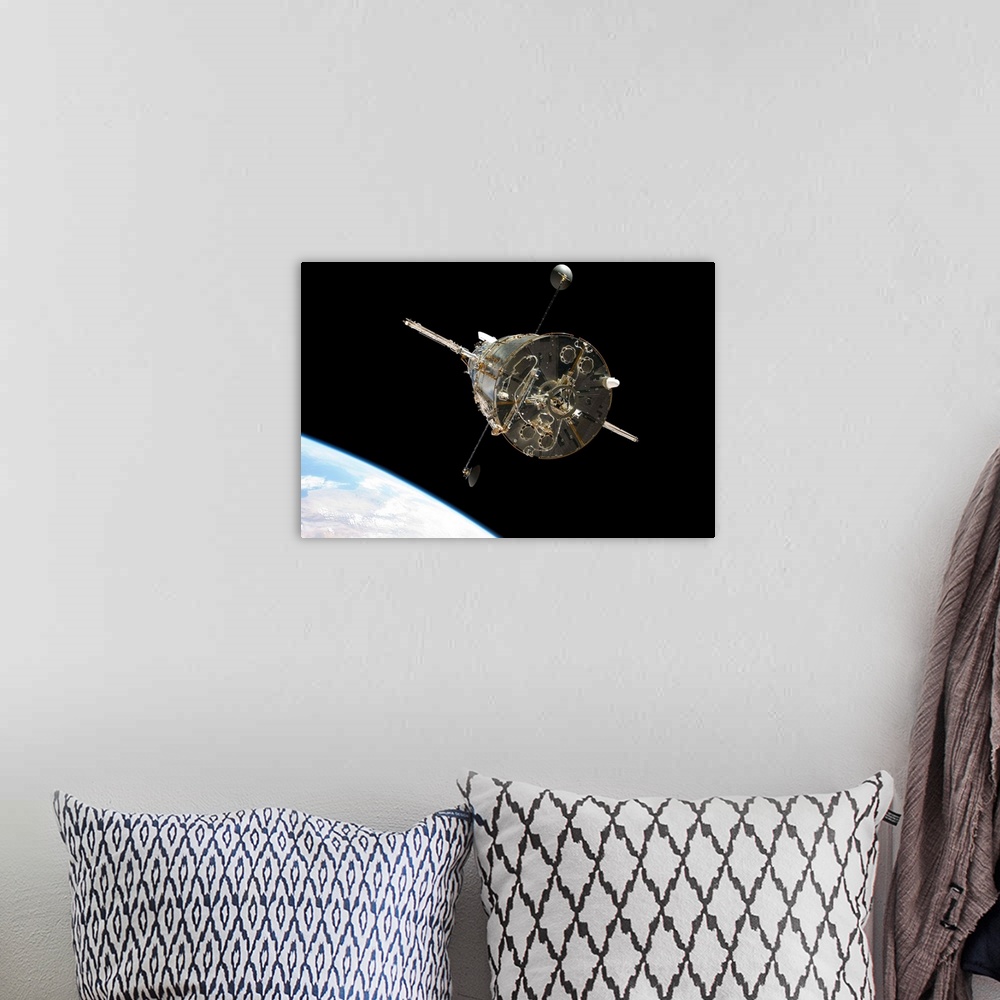 A bohemian room featuring The Hubble Space Telescope in orbit above Earth