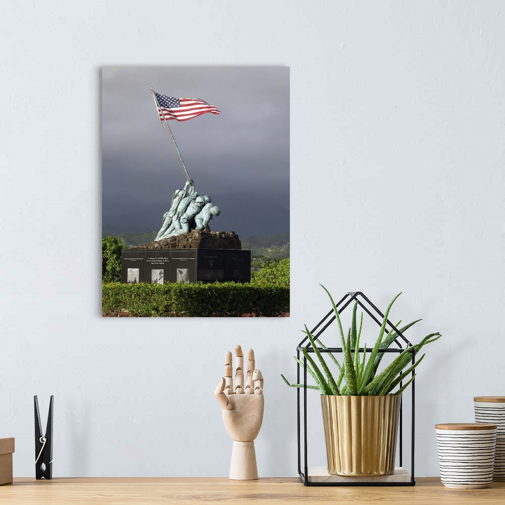 A bohemian room featuring Big, vertical photograph of the Iwo Jima Statue, of a small group of soldiers hoisting the Americ...