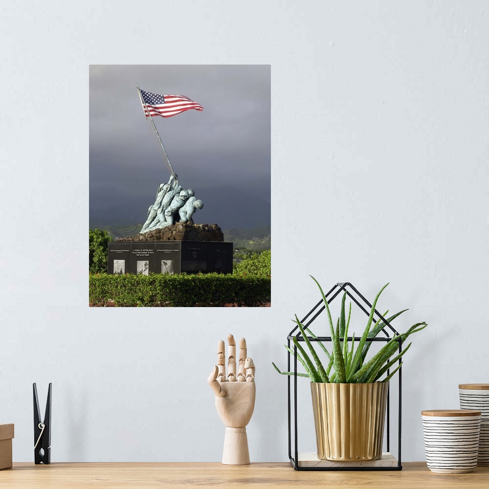 A bohemian room featuring Big, vertical photograph of the Iwo Jima Statue, of a small group of soldiers hoisting the Americ...