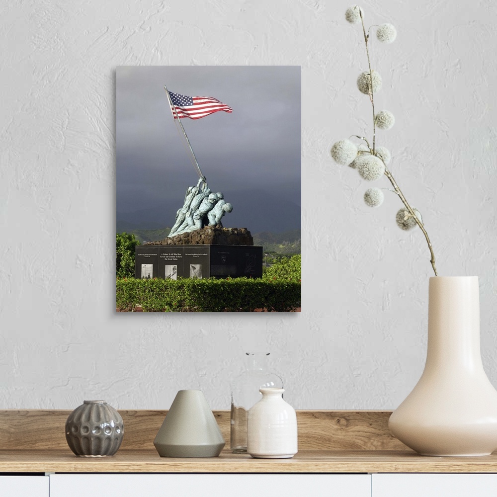 A farmhouse room featuring Big, vertical photograph of the Iwo Jima Statue, of a small group of soldiers hoisting the Americ...