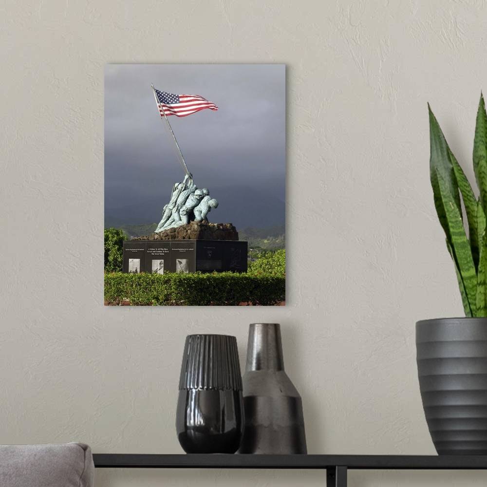 A modern room featuring Big, vertical photograph of the Iwo Jima Statue, of a small group of soldiers hoisting the Americ...