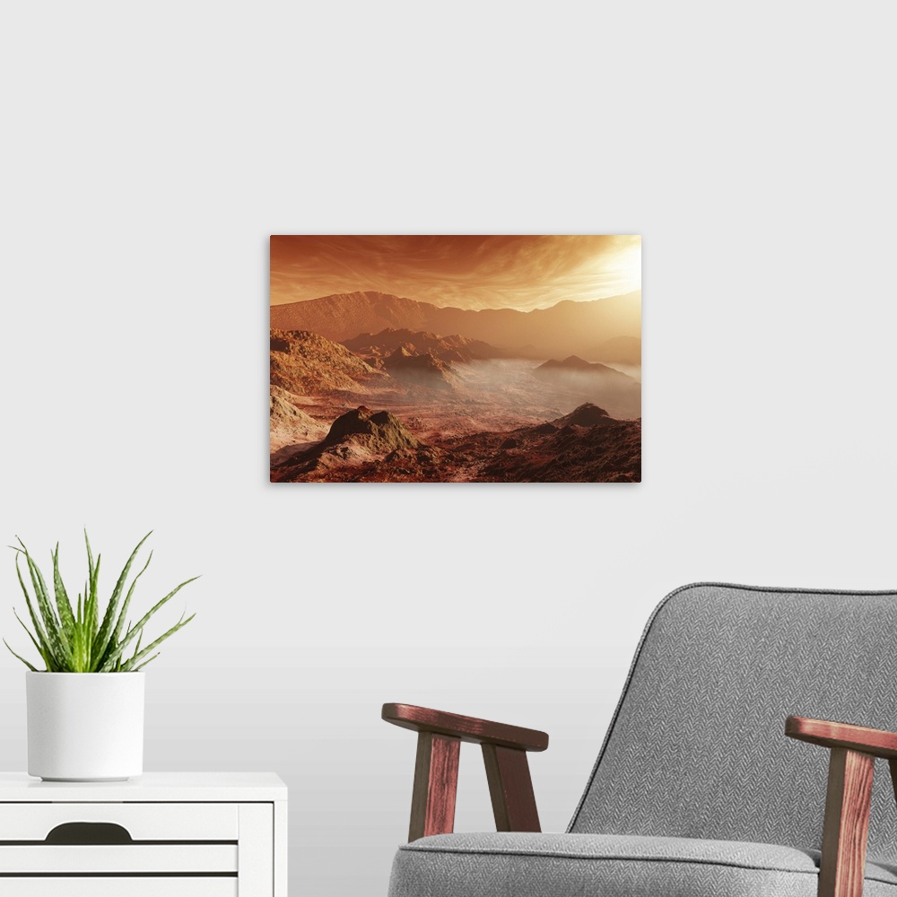 A modern room featuring The Martian sun sets over the high walls of Mojave Crater.
