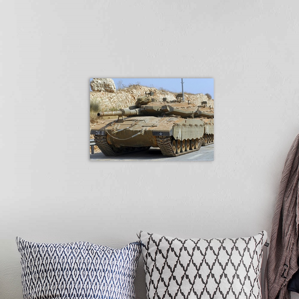 A bohemian room featuring The Merkava Mark IV main battle tank of the Israel Defense Force.