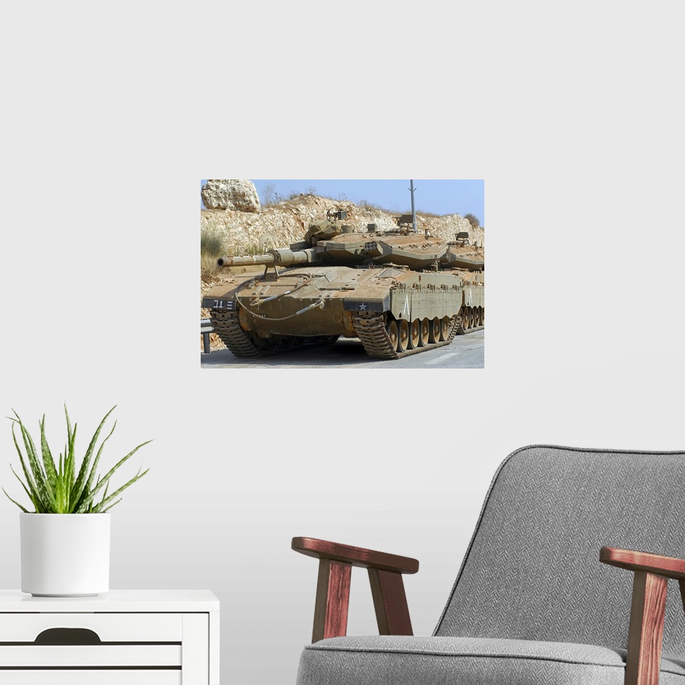 A modern room featuring The Merkava Mark IV main battle tank of the Israel Defense Force.