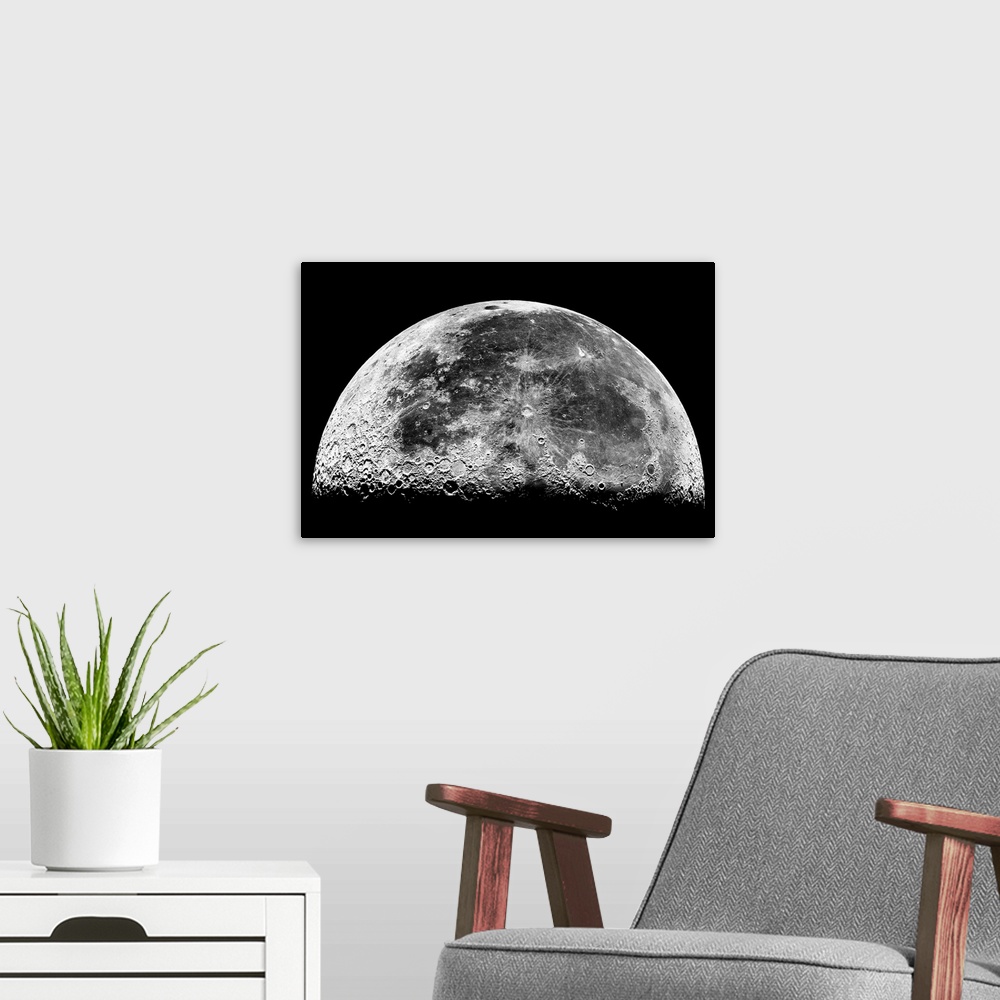 A modern room featuring Horizontal photograph of the Earthos moon displaying geographic features and craters.