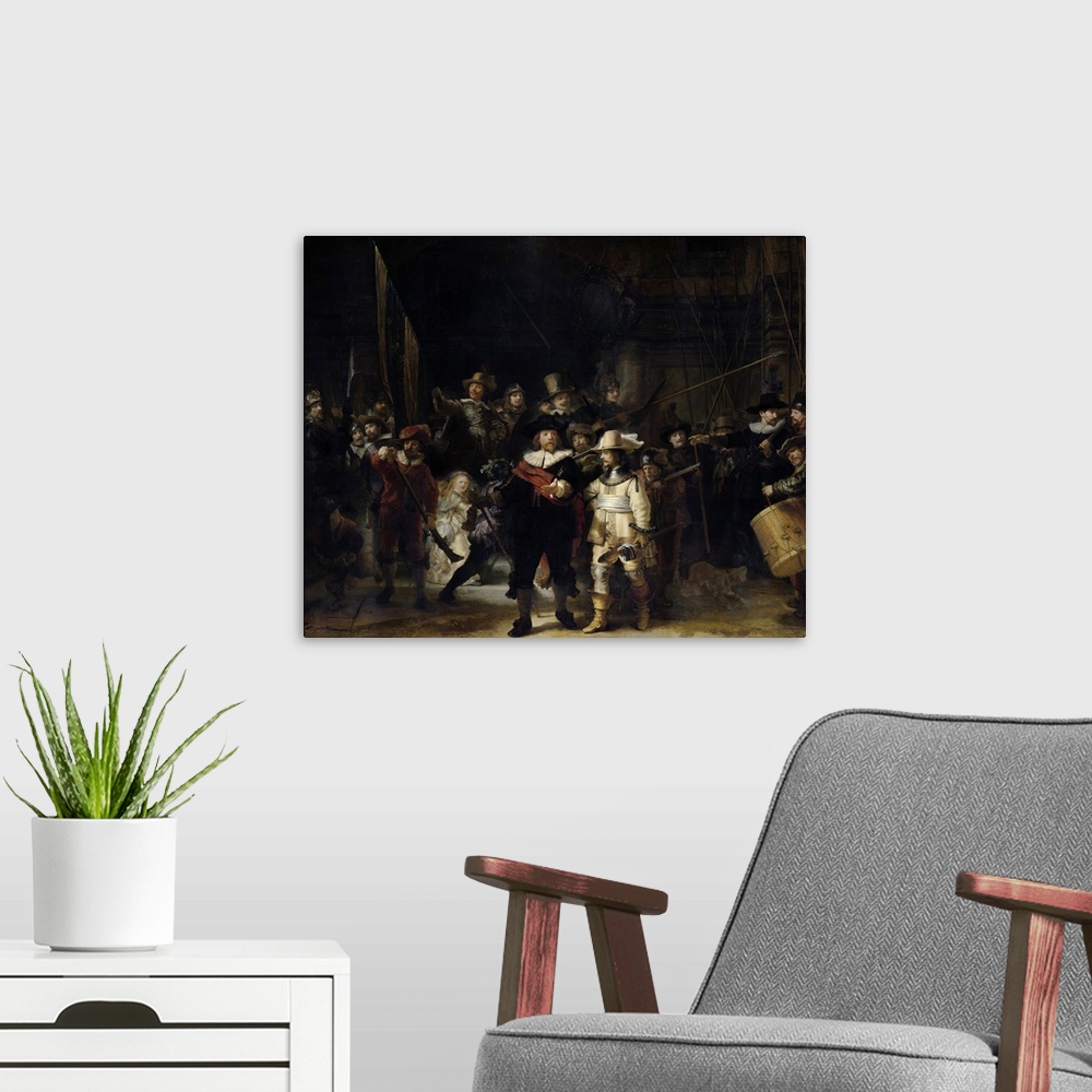 A modern room featuring Vintage masterpiece painting of The Shooting Company of Frans Banning Cocq and Willem van Ruytenb...