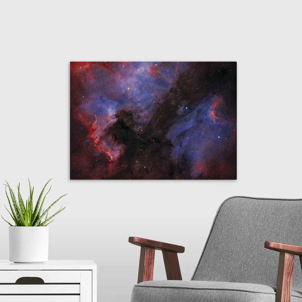 A modern room featuring The North America Nebula (NGC 7000) and the Pelican Nebula in the constellation Cygnus.