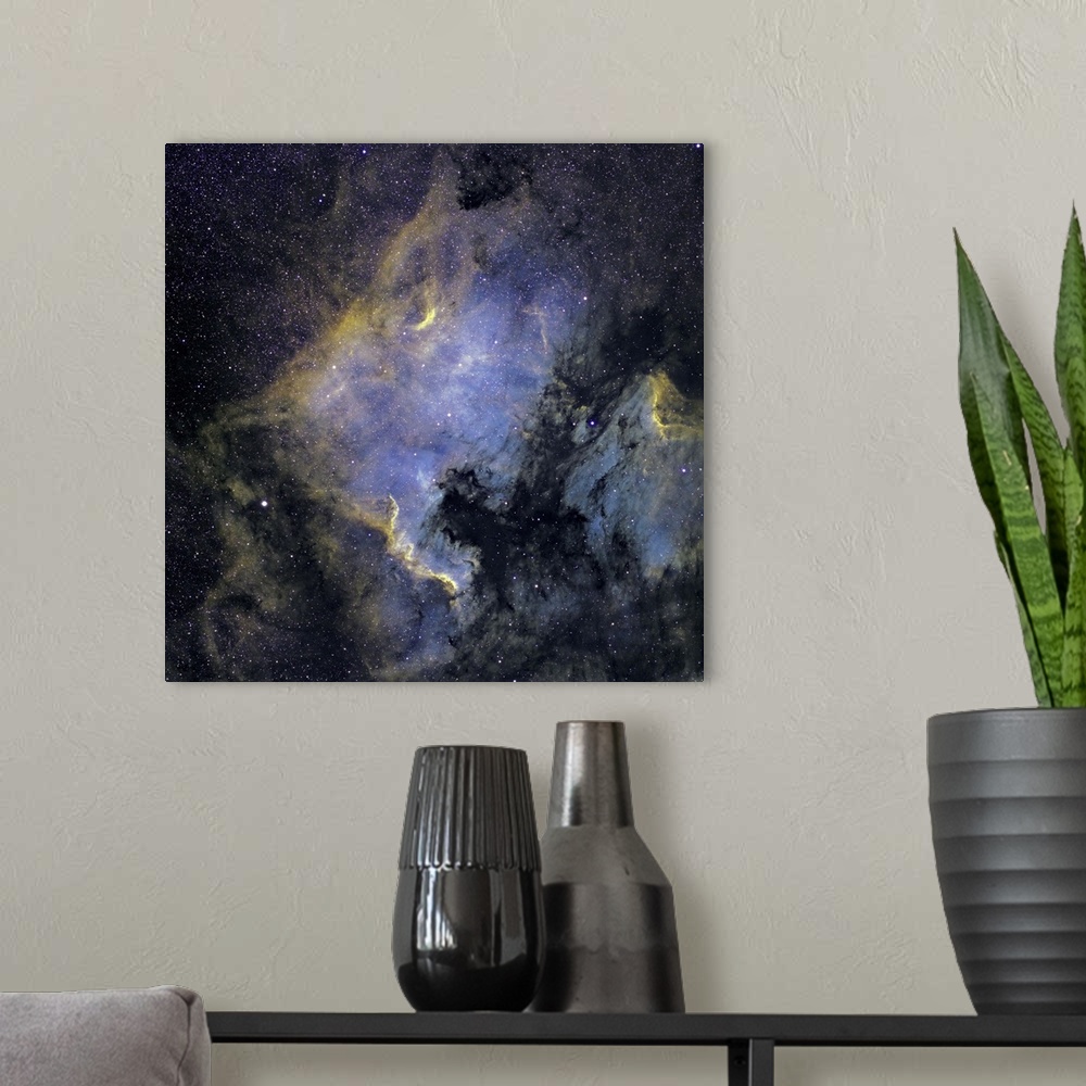 A modern room featuring The North America Nebula and the Pelican Nebula in the constellation Cygnus