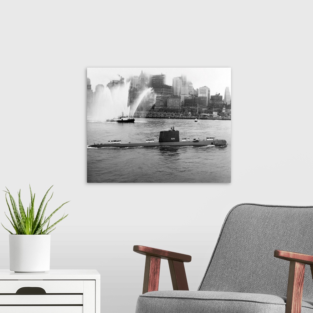 A modern room featuring The nuclear submarine USS Nautilus anchored in New York Harbor in 1958, with the skyline of downt...
