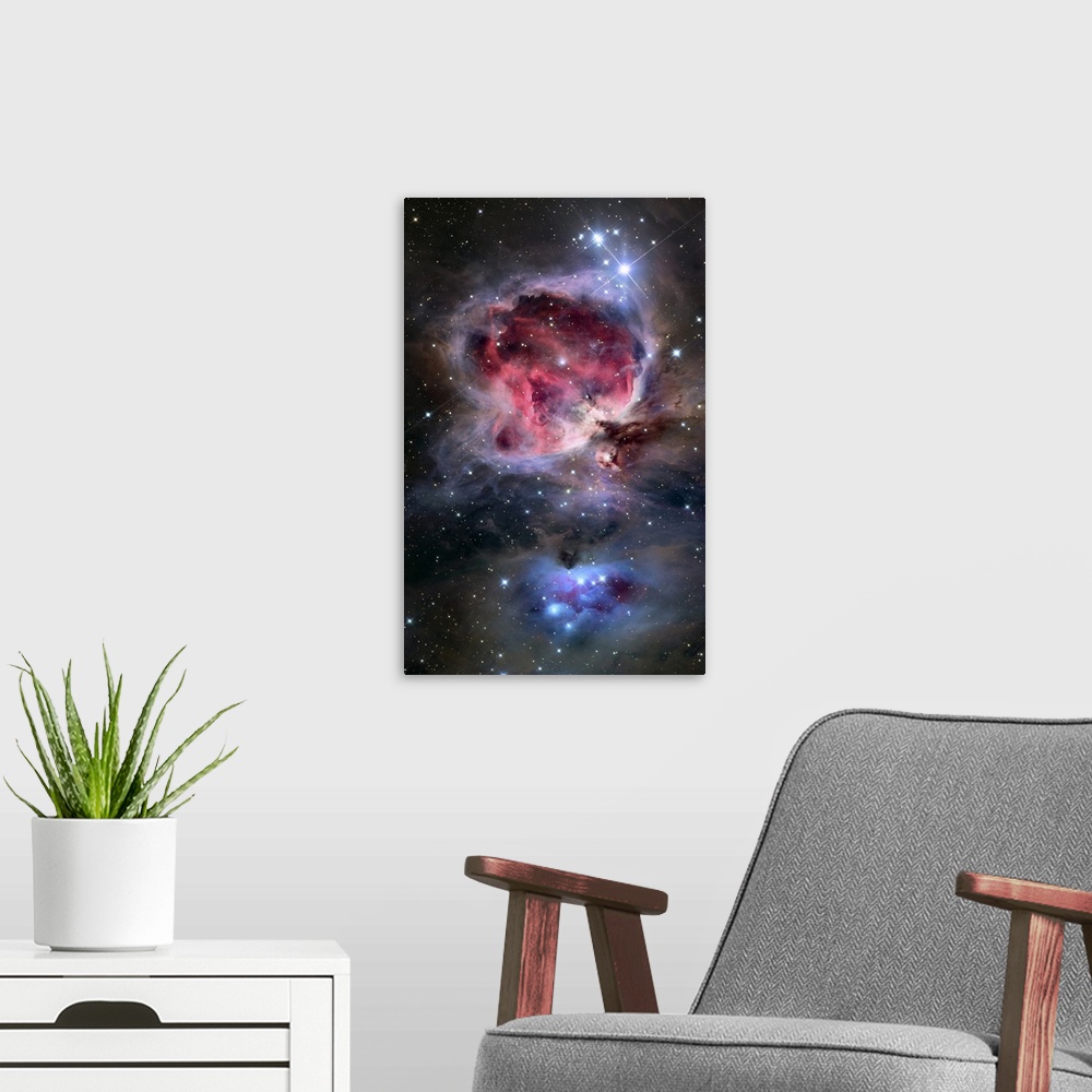 A modern room featuring Oversized vertical wall hanging of the swirling, brightly colored clouds in the Orion Nebula, sur...