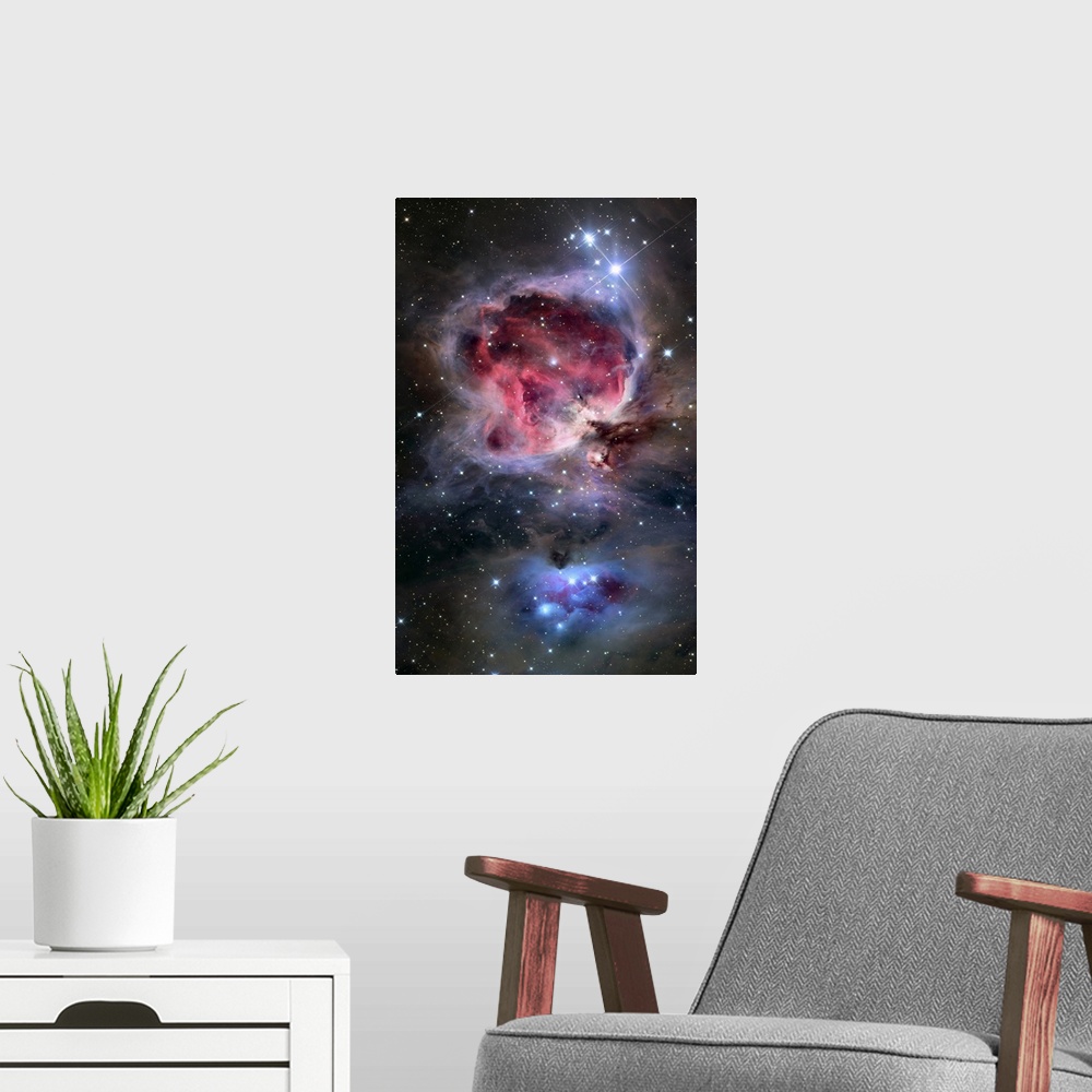 A modern room featuring Oversized vertical wall hanging of the swirling, brightly colored clouds in the Orion Nebula, sur...