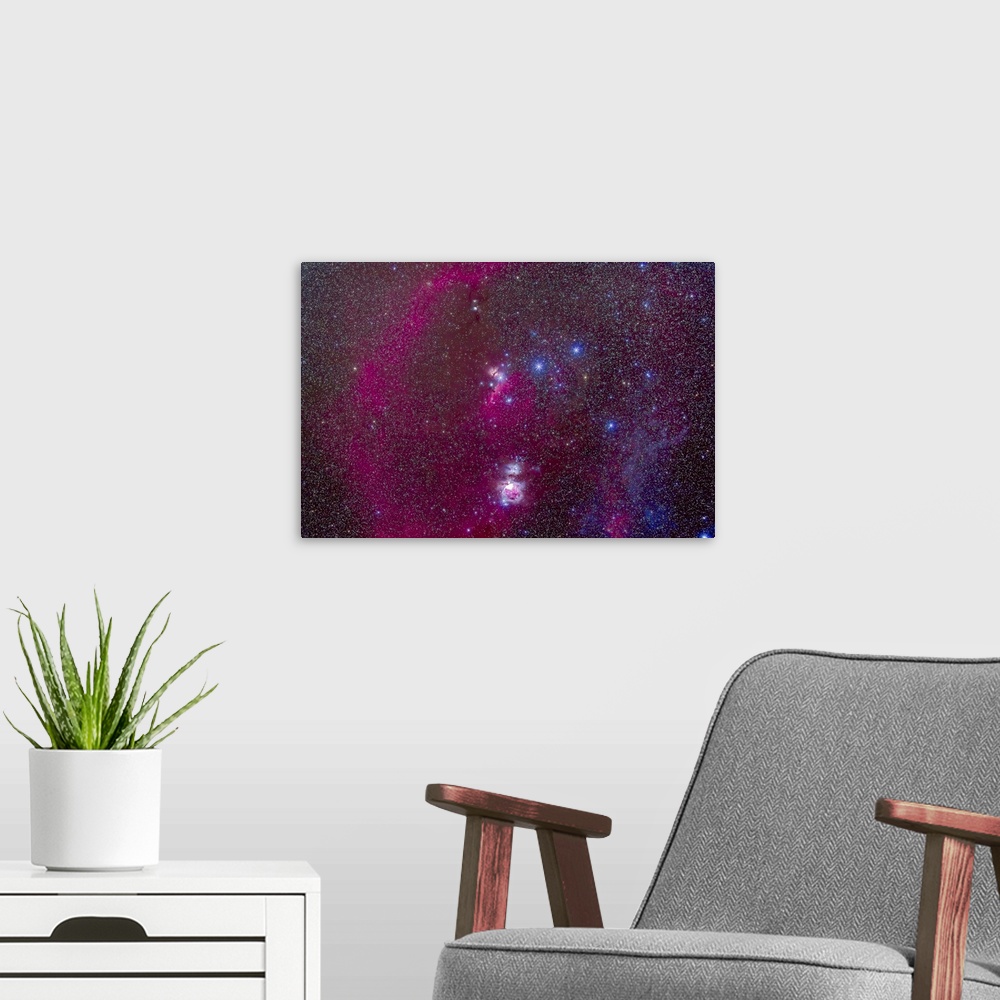 A modern room featuring The Orion Nebula, Belt of Orion, Sword of Orion, Barnard's Loop (left), small reflection nebula M...