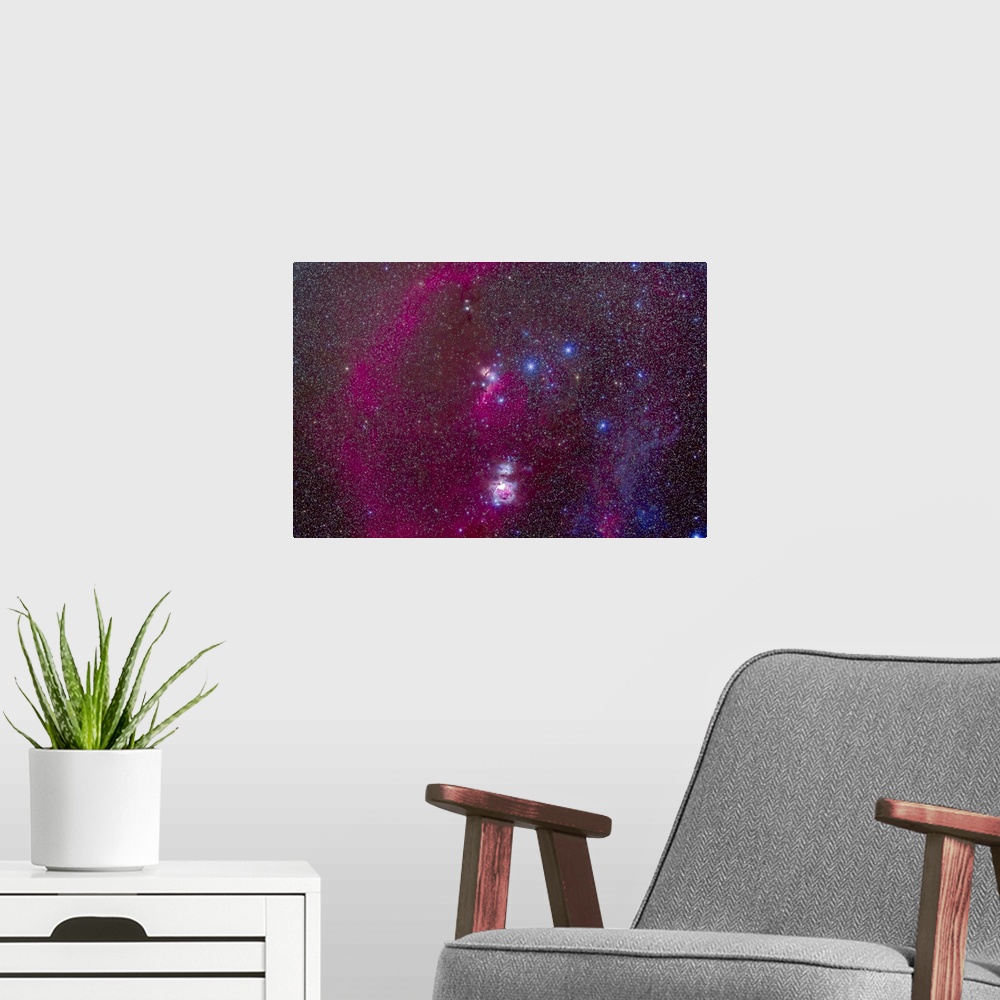 A modern room featuring The Orion Nebula, Belt of Orion, Sword of Orion, Barnard's Loop (left), small reflection nebula M...