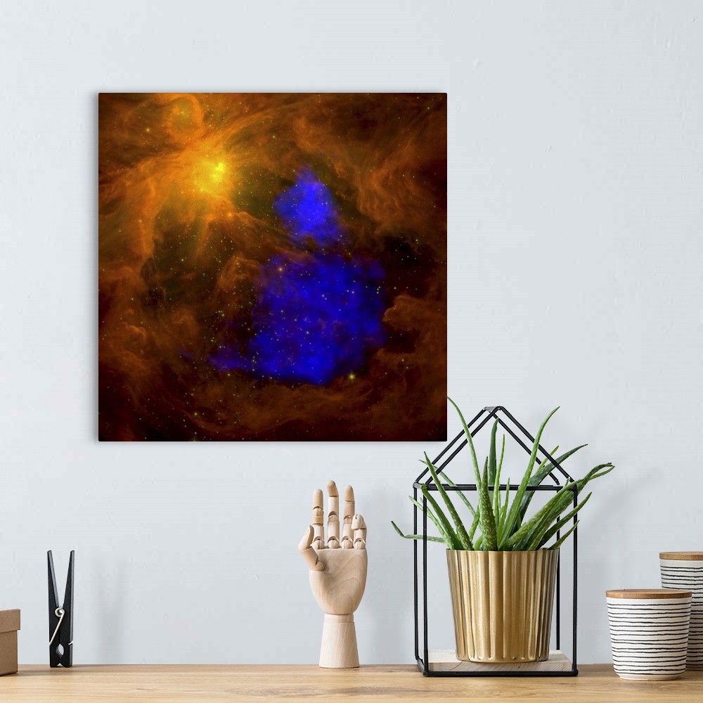 A bohemian room featuring Square canvas photo of space entities in colorful clouds with stars in the background.