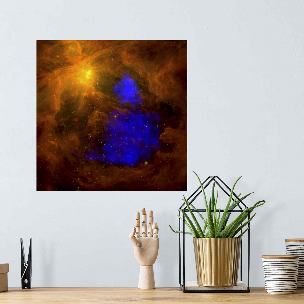 A bohemian room featuring Square canvas photo of space entities in colorful clouds with stars in the background.