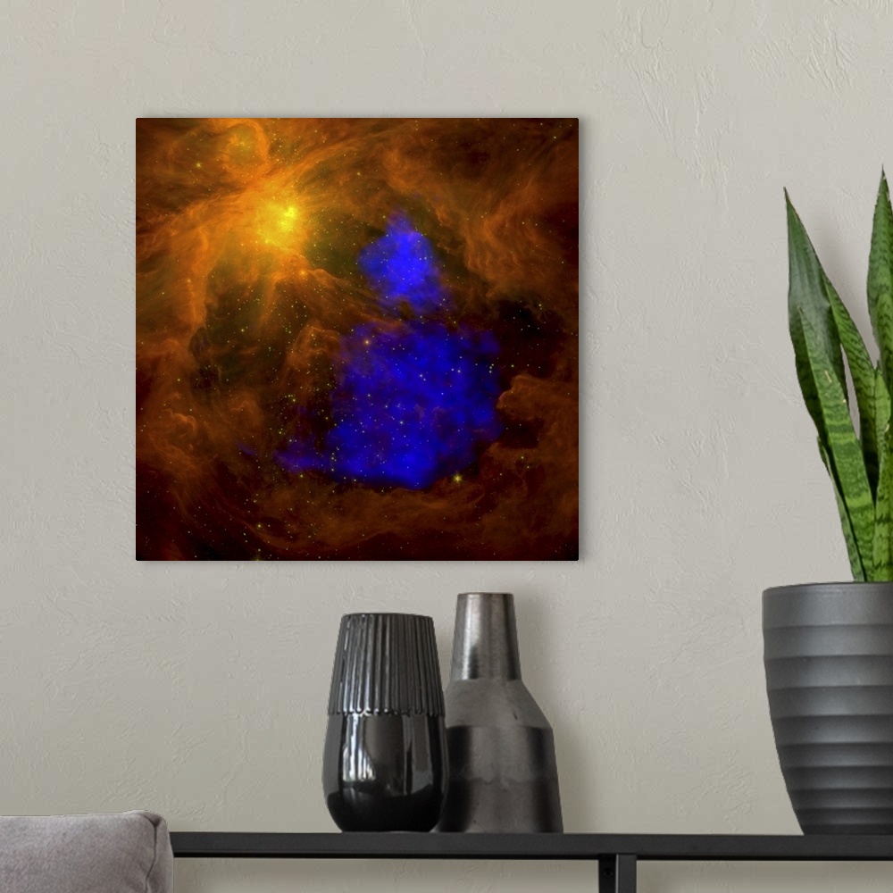 A modern room featuring Square canvas photo of space entities in colorful clouds with stars in the background.