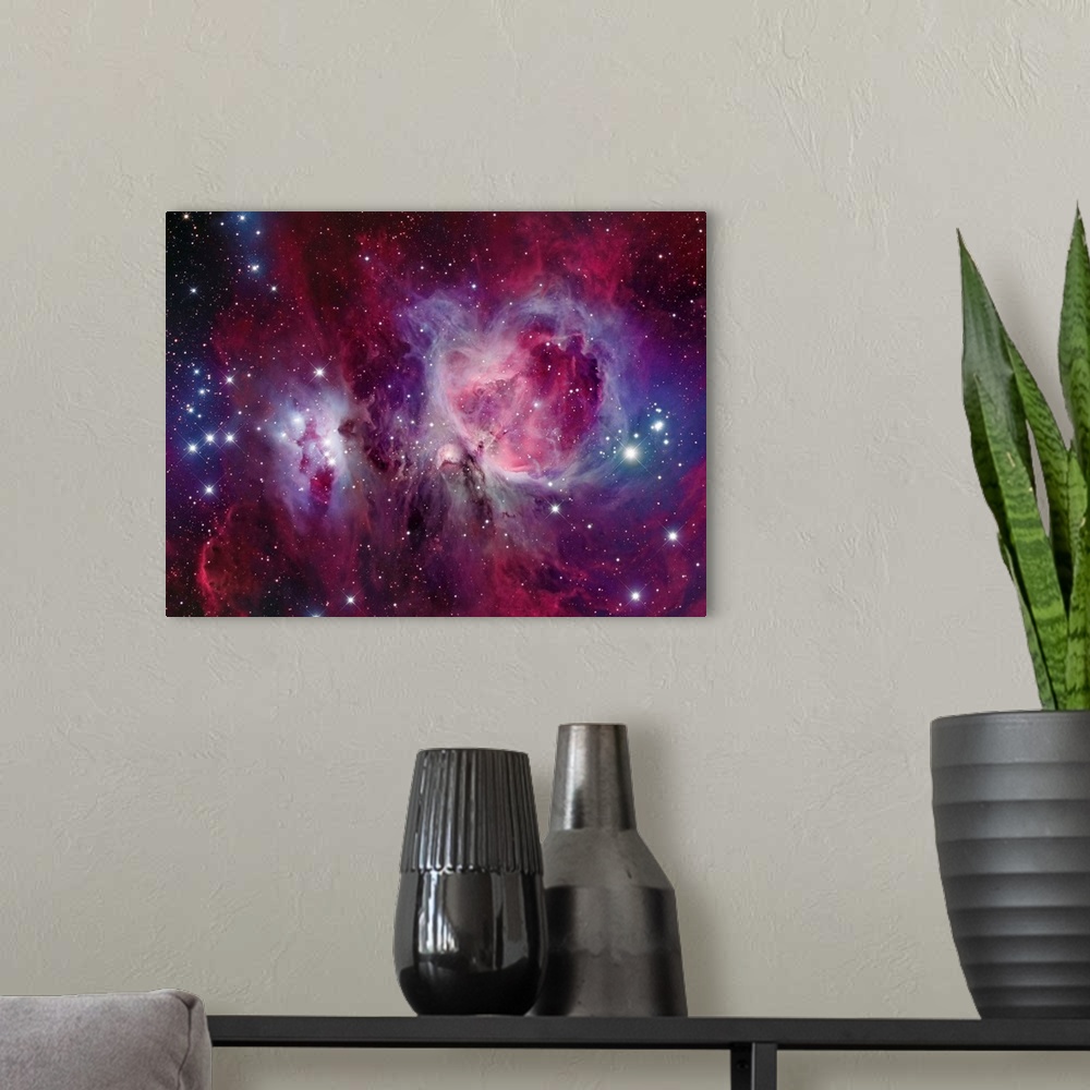 A modern room featuring The Orion Nebula with reflection nebula NGC 1977