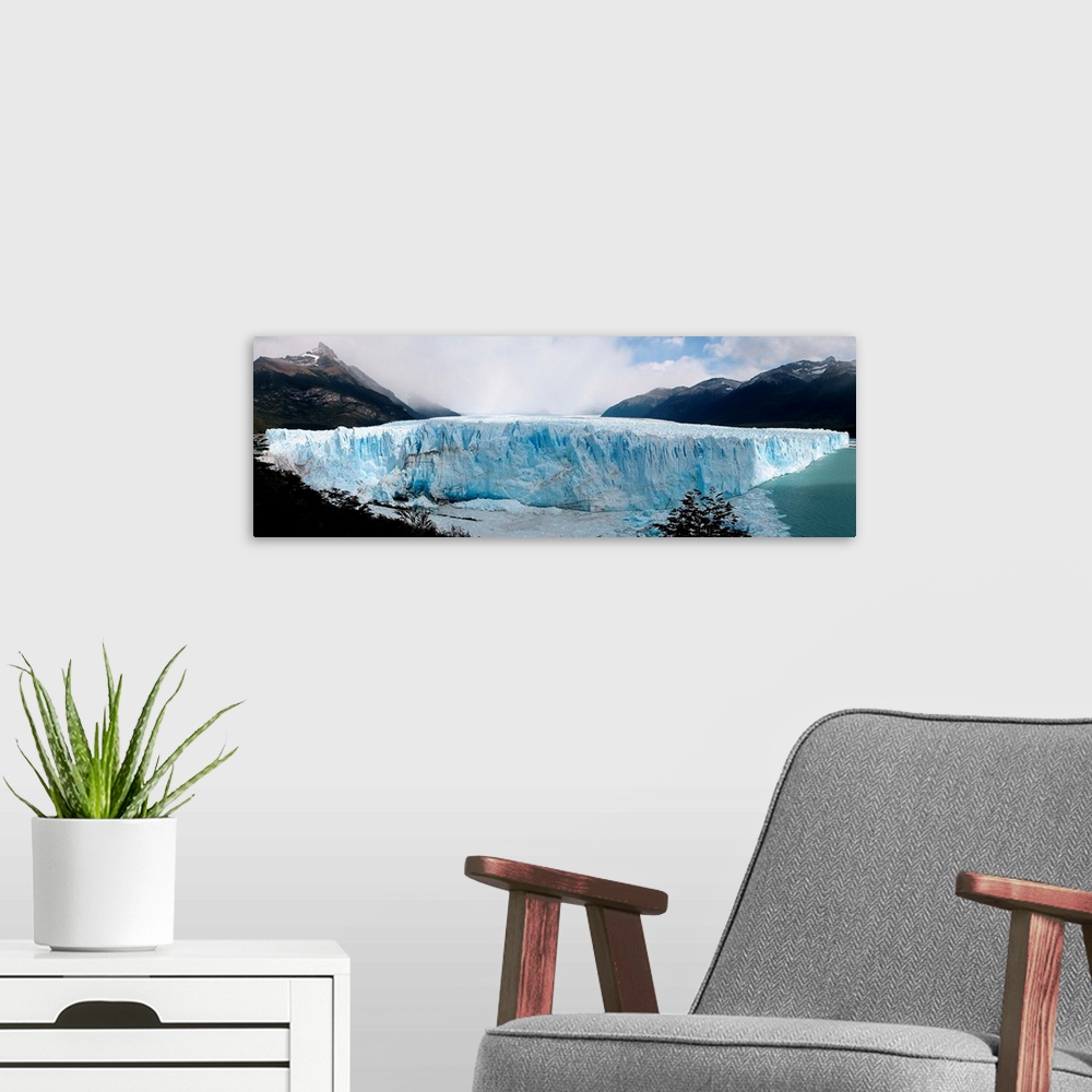 A modern room featuring The front face of Perito Moreno Glacier in Los Glaciares National Park, Argentina.