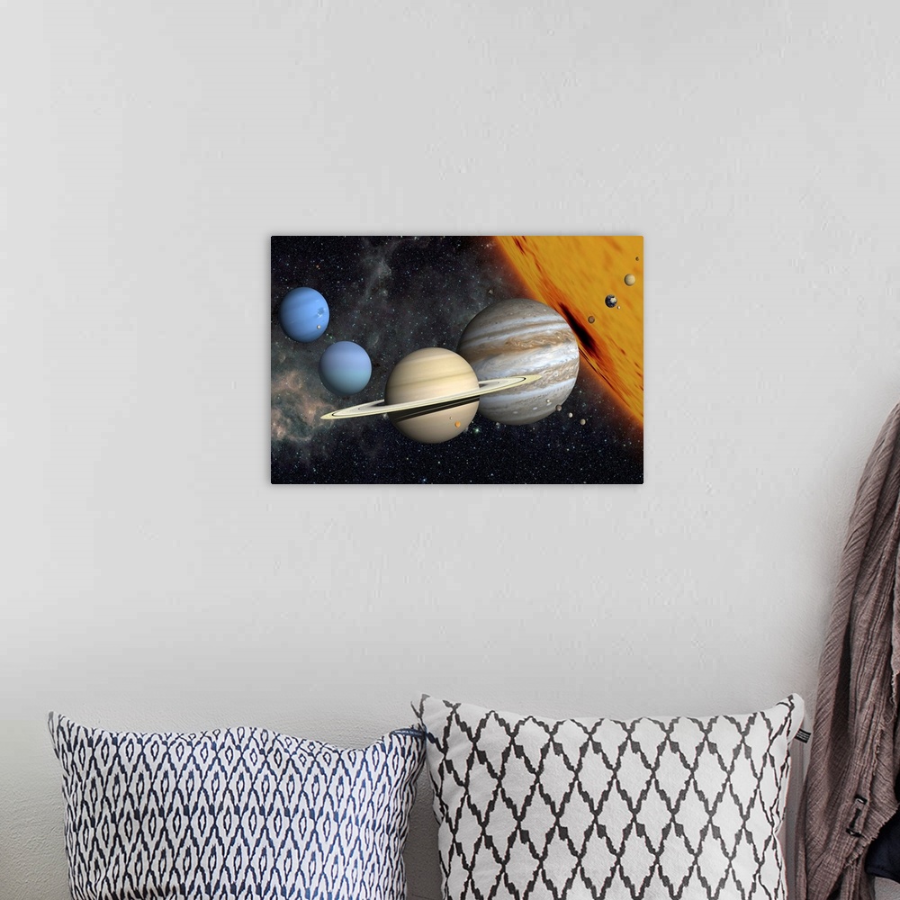 A bohemian room featuring Big print of the solar system with the sun large in the background.