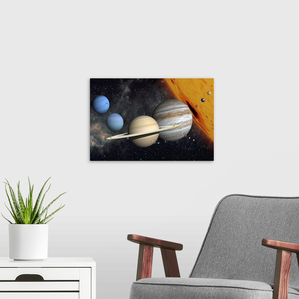 A modern room featuring Big print of the solar system with the sun large in the background.