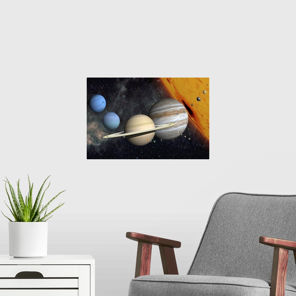 A modern room featuring Big print of the solar system with the sun large in the background.