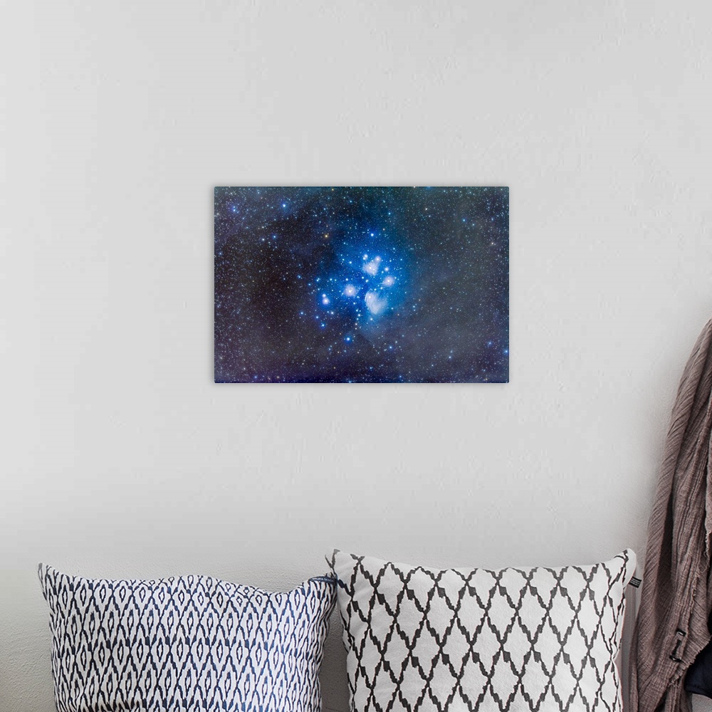 A bohemian room featuring The Pleiades star cluster, or Seven Sisters, aka Messier 45, in Taurus. The brightest part of the...