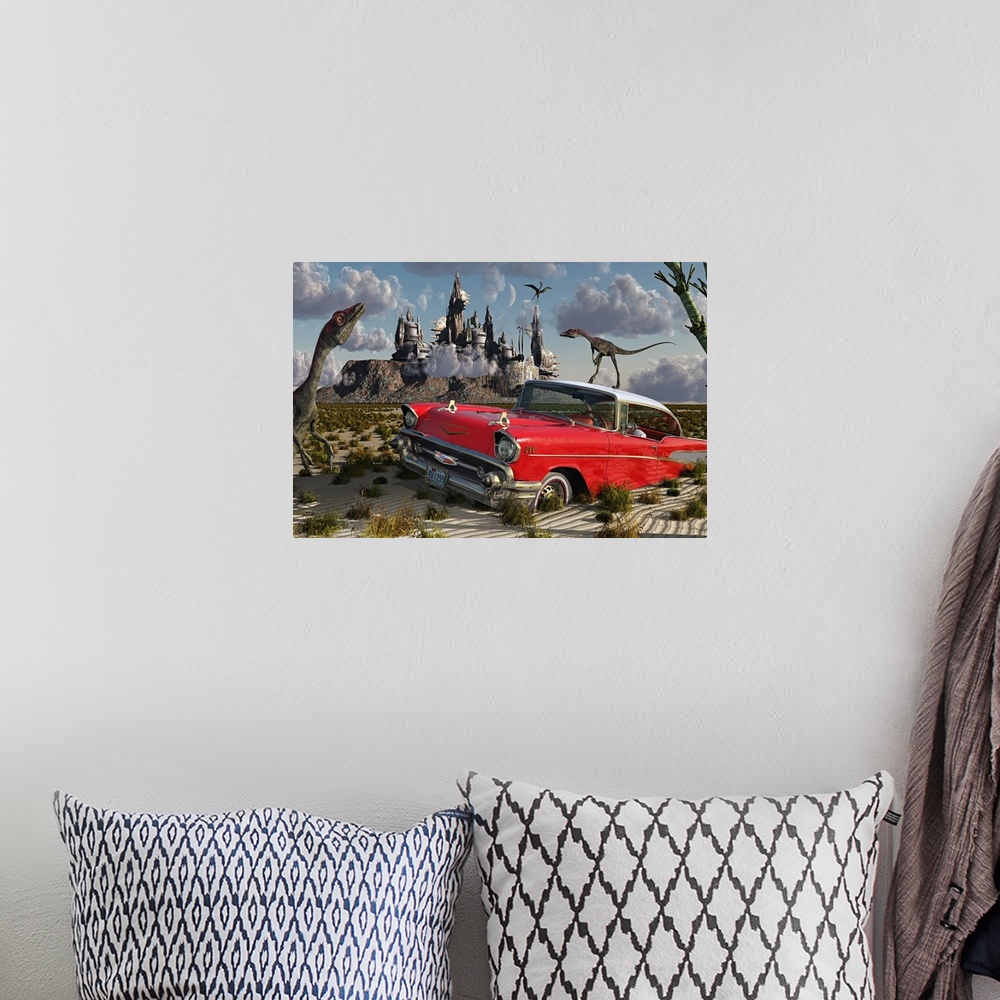 A bohemian room featuring Artist's concept illustrating a strange combination of Compsognathus dinosaurs, a red Cadillac an...