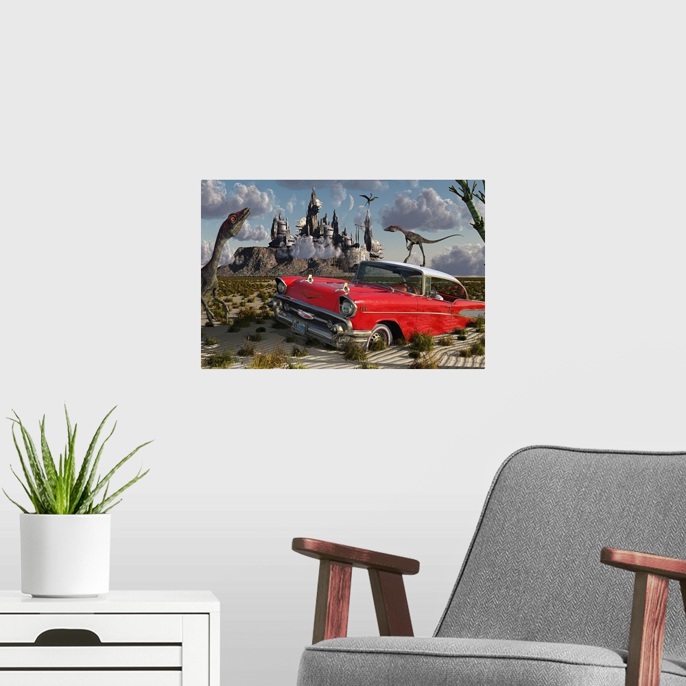A modern room featuring Artist's concept illustrating a strange combination of Compsognathus dinosaurs, a red Cadillac an...