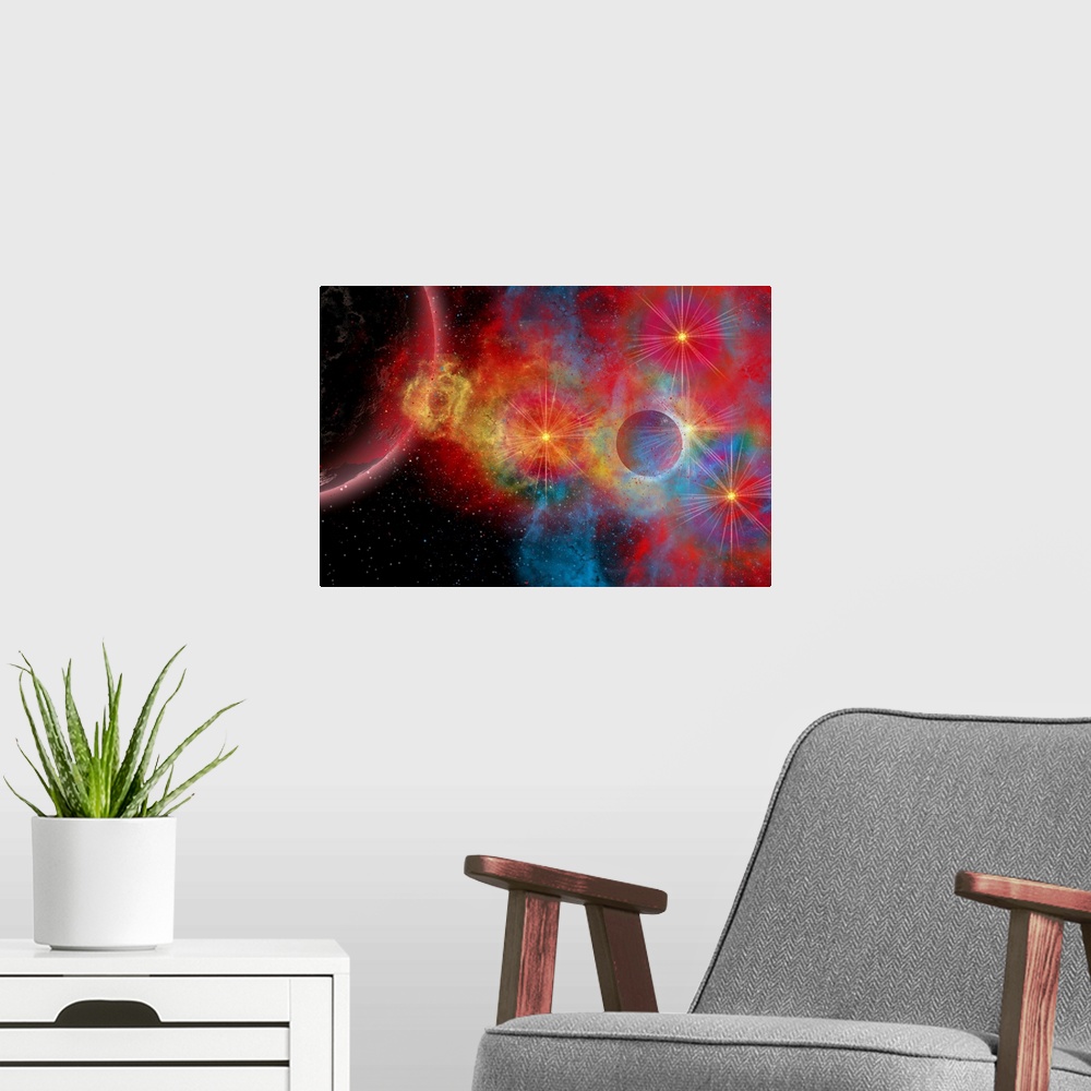 A modern room featuring Long after its violent end, the remains of a supernova give birth to new stars and planetary syst...