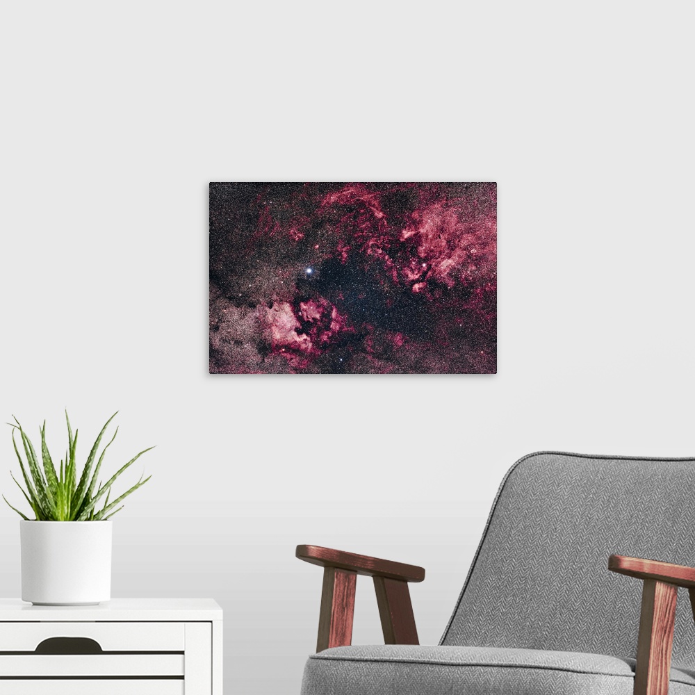 A modern room featuring This is the rich nebulosity in Cygnus captured in colour but with a blend of unfiltered and filte...