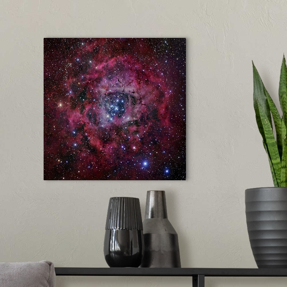 A modern room featuring Square, oversized wall hanging of the Rosette Nebula, surrounded by vibrant clouds and the blackn...