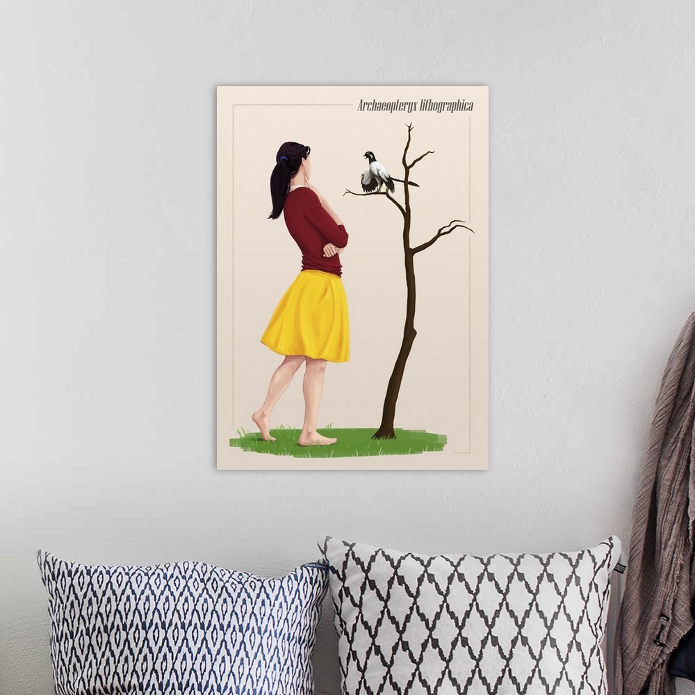 A bohemian room featuring The size of an Archaeopteryx perched on a tree branch compared to a young adult.