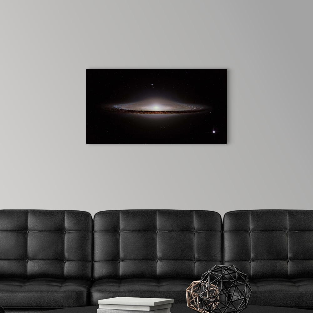 A modern room featuring The Sombrero Galaxy, an unbarred spiral galaxy in the constellation Virgo.