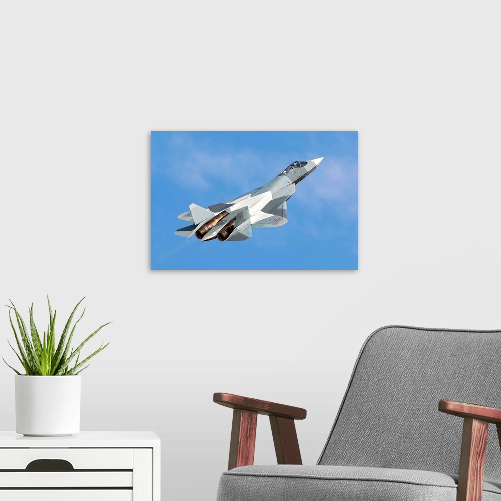 A modern room featuring The Sukhoi T-50 future Russian Air Force 5th generation fighter plane.