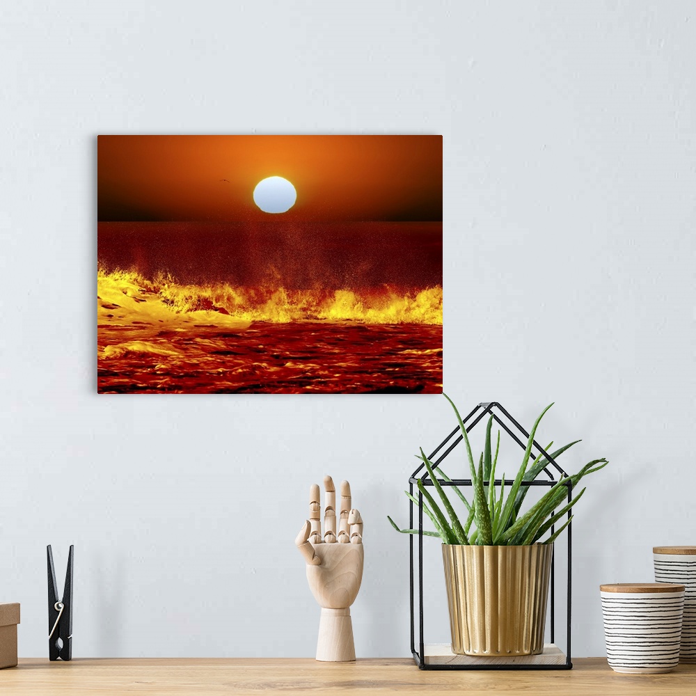 A bohemian room featuring A composite image showing the Sun and ocean waves in Miramar, Argentina.