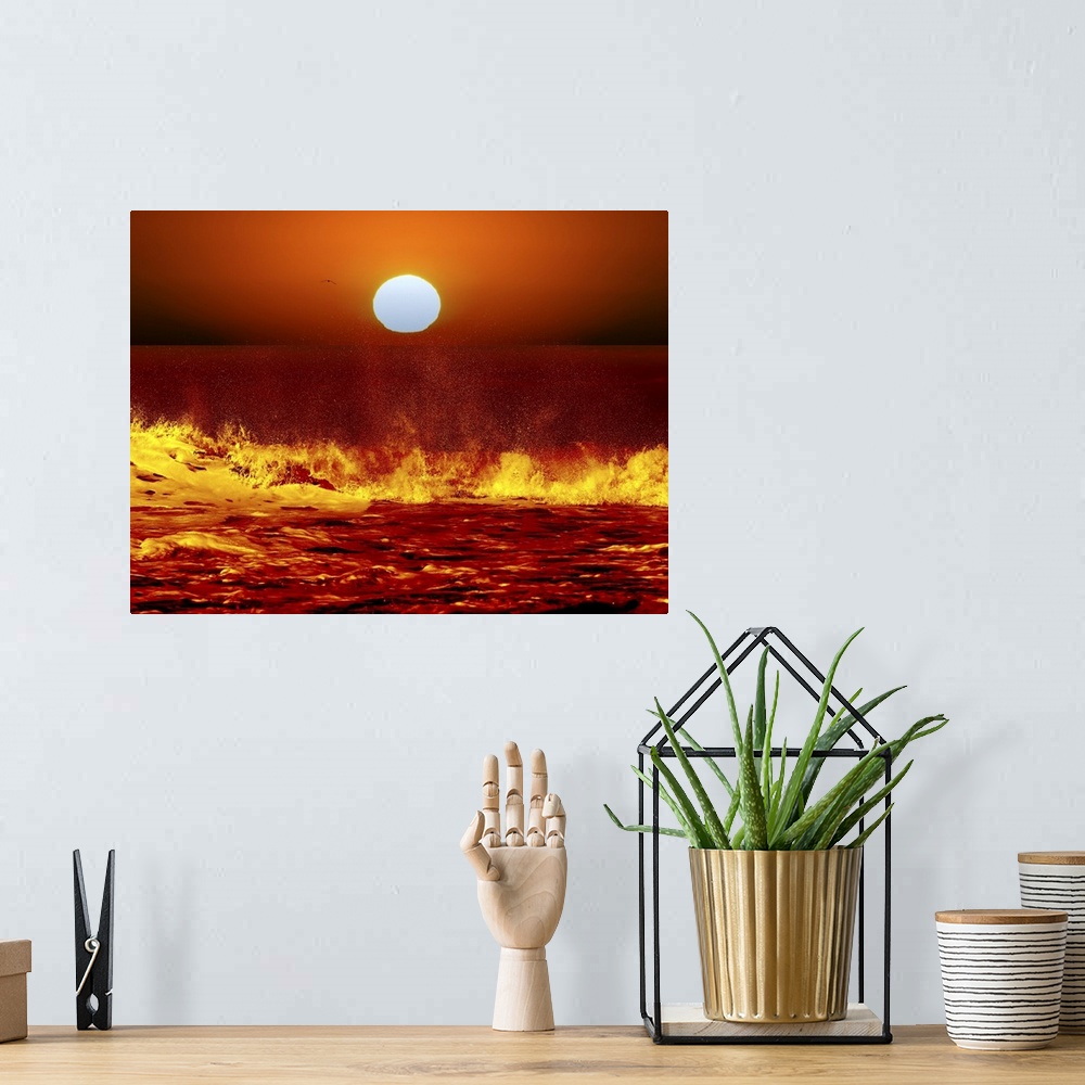 A bohemian room featuring A composite image showing the Sun and ocean waves in Miramar, Argentina.