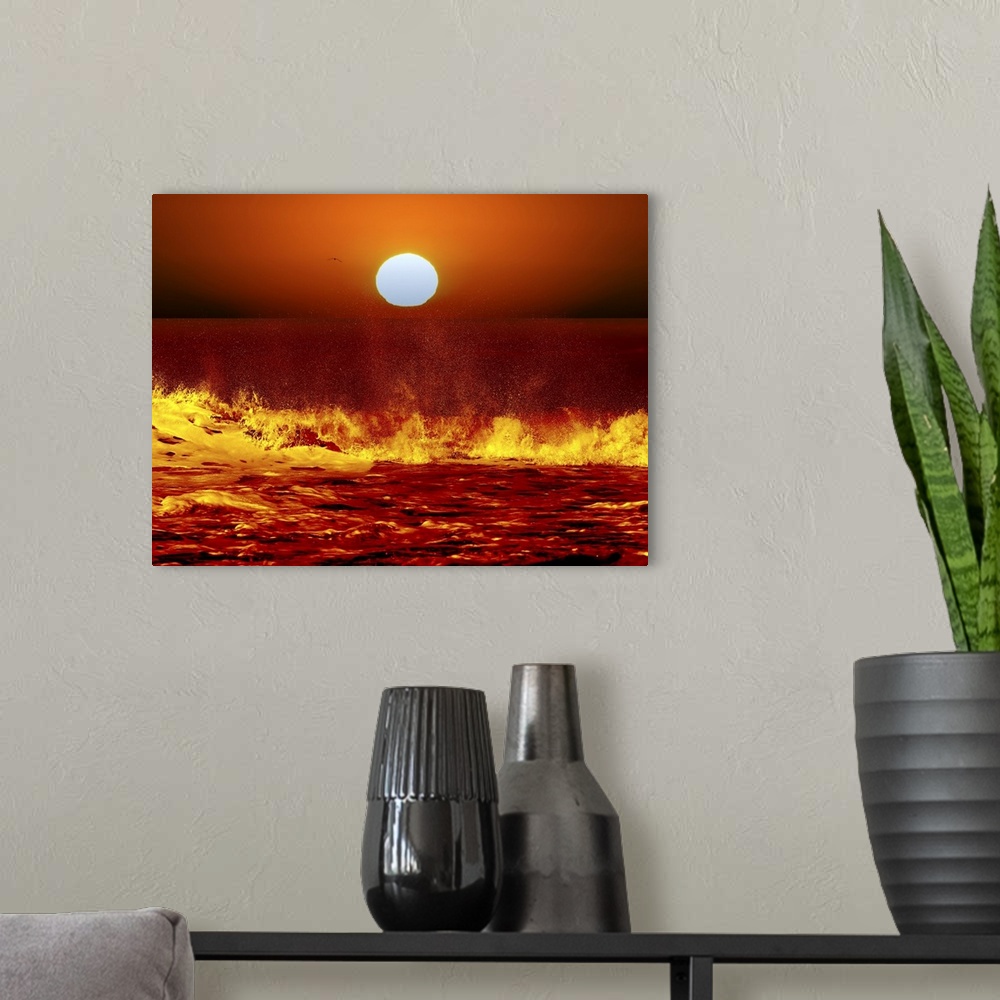 A modern room featuring A composite image showing the Sun and ocean waves in Miramar, Argentina.