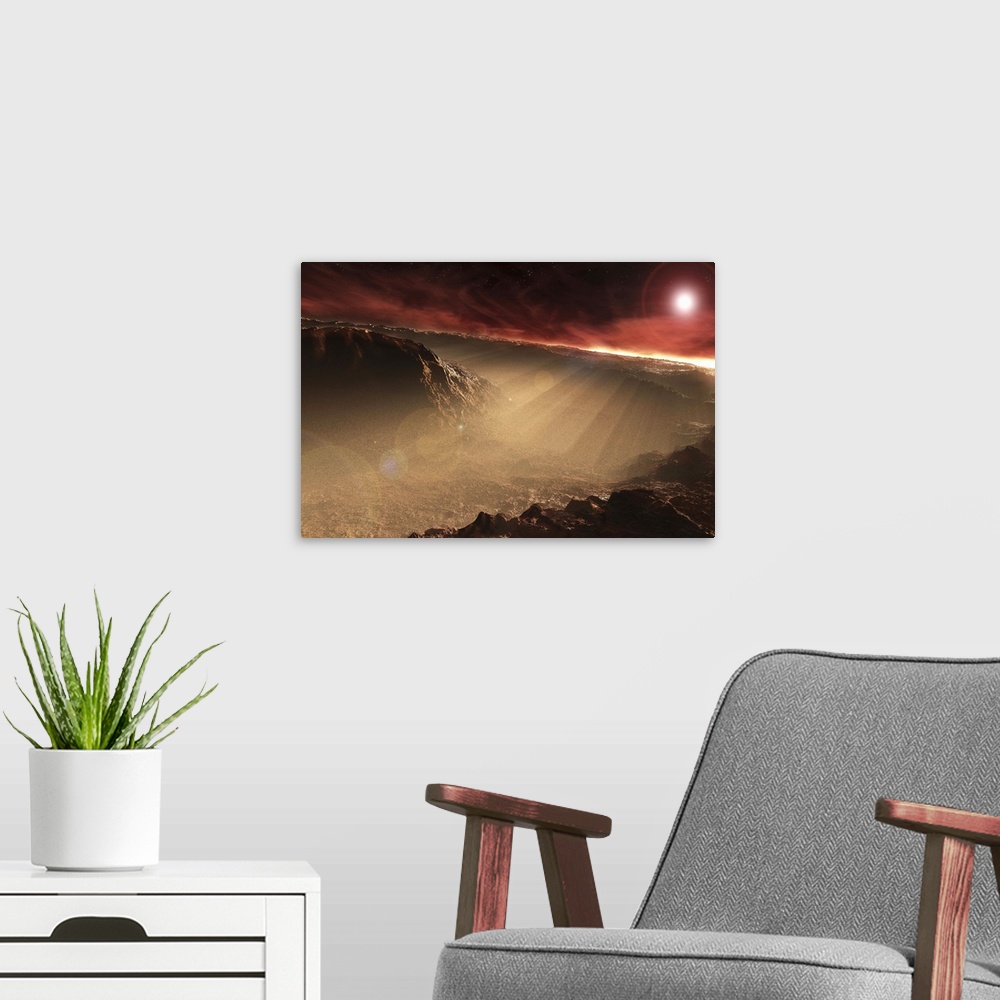 A modern room featuring The sun rises over Gale Crater, Mars. This is one of the prospective landing sites for the Mars S...