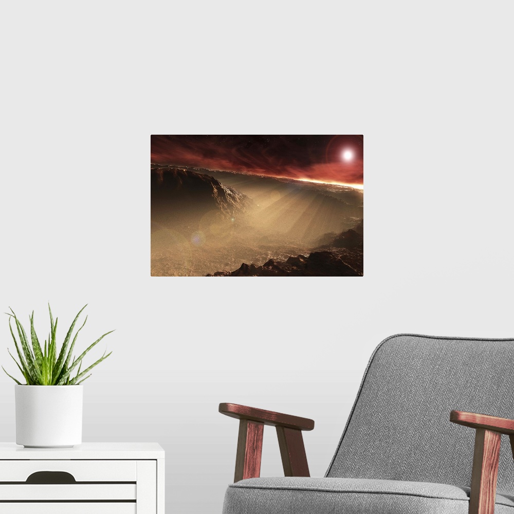 A modern room featuring The sun rises over Gale Crater, Mars. This is one of the prospective landing sites for the Mars S...