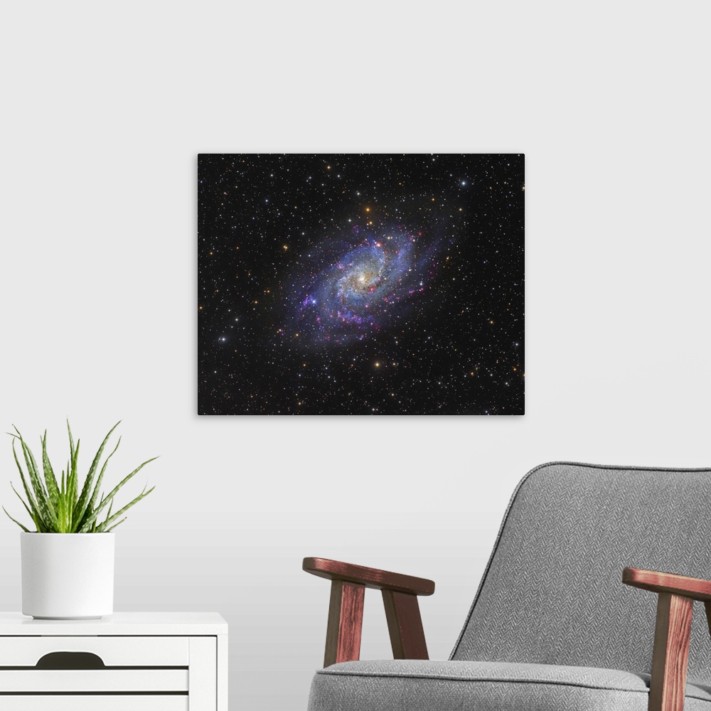 A modern room featuring The Triangulum Galaxy.